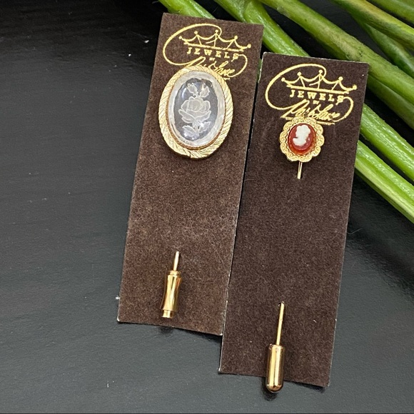 Vintage Jewels Park Lane Rose Flower Intaglio & Mini Victorian Cameo Stick Pins - Picture 1 of 10